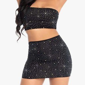 2 Piece Spandex Opaque Rhinestone Bandeau and Matching Mini Skirt